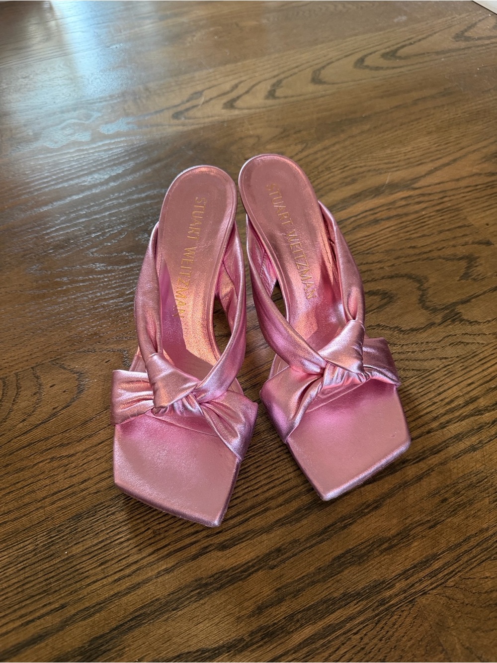 Stuart Weitzman Pink Metallic Knot Square-Toe Slide Sandals. Worn once.